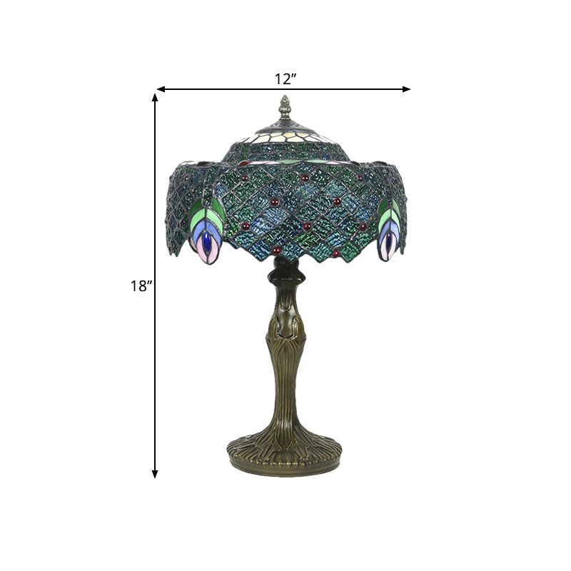 1 Bulb Night Table Lamp Baroque Drum Cut Glass Nightstand Light in Blue with Peacock Feather Pattern