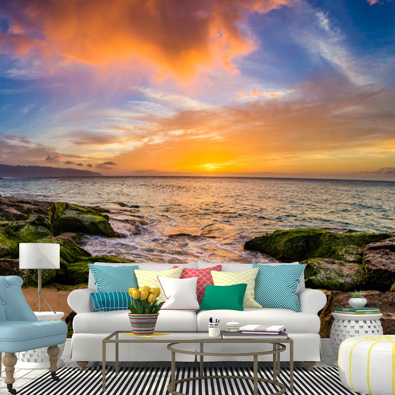 Tropical Sunset Rocky Bay Mural for Living Room Personalized Wall Decor in Blue-Green