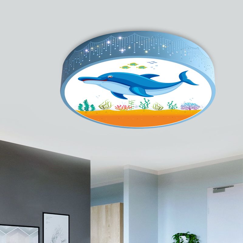 Kids Bedroom LED Flush Mount Light Cartoon Blue/White Ceiling Fixture with Dolphin/Shark/Fish Acrylic Shade