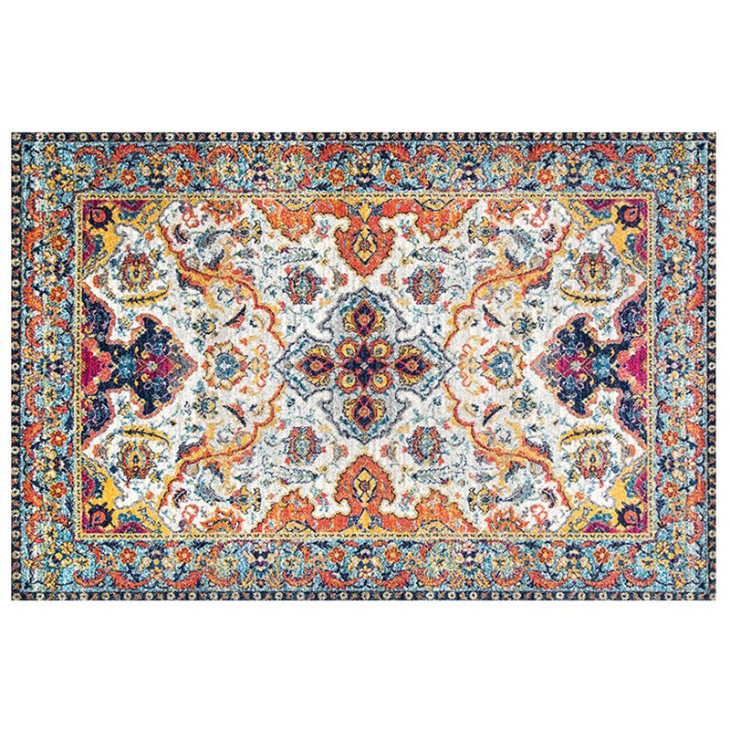 Red Tone Ethnic Floral Print Rug Polyester Retro Carpet Anti-Slip Backing Indoor Rug for Home Decor