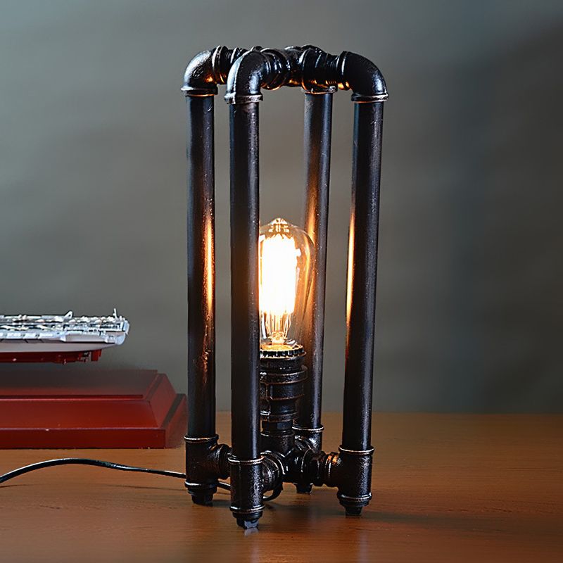 Iron Black Plug In Table Light Piping 1 Light Rustic Nightstand Lamp with Rectangle Cage Design