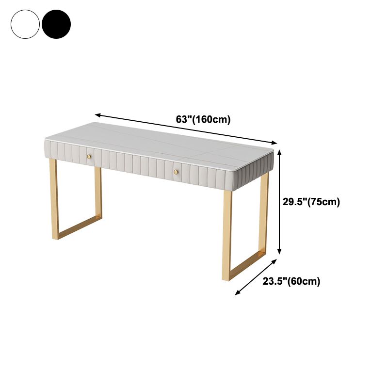 Glam Style Stone Writing Desk Curved Sled Base Office Desk with 2 Drawers