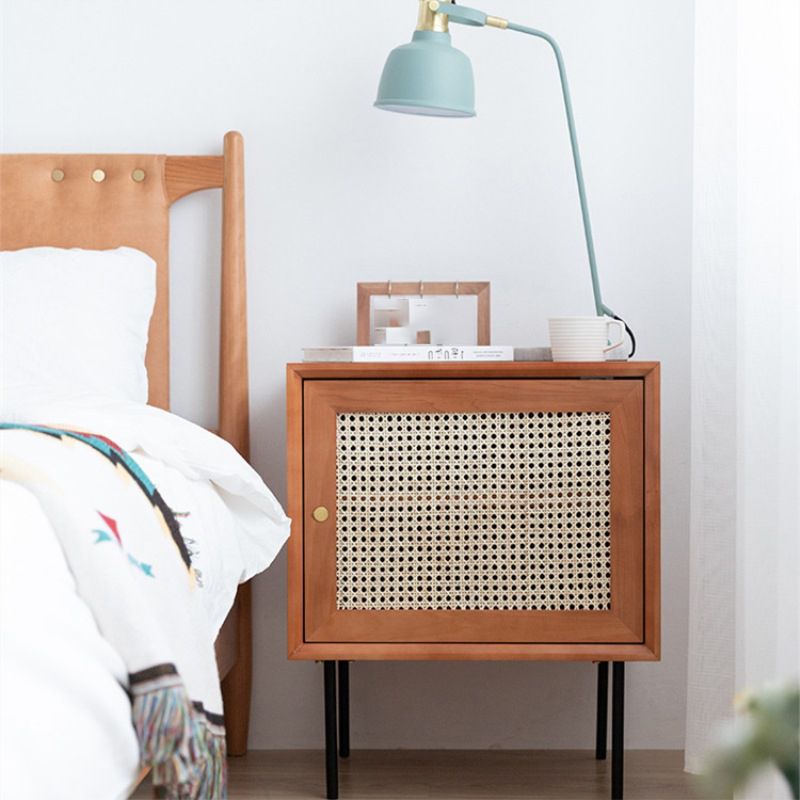 15.75" Tall Rattan Bedside Cabinet Solid Wood Nightstand with 1 Door