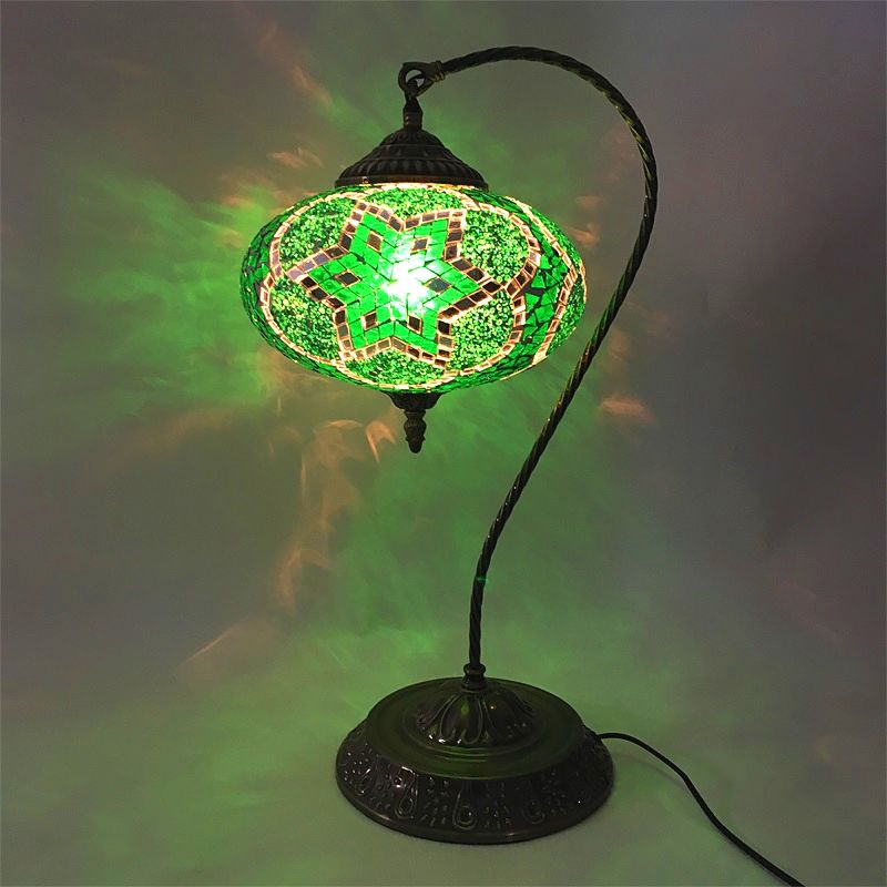 Decorative Oblong Night Light Single Head Stained Art Glass Table Lamp with Curved Arm in Yellow/Blue/Green