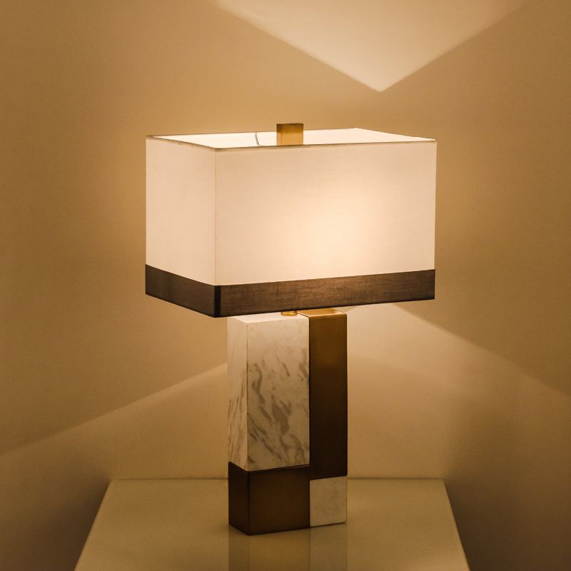 Rectangle Night Stand Light Minimalist Marble 1 Bulb Grey/White and Brass Colorblock Table Lamp with Fabric Shade