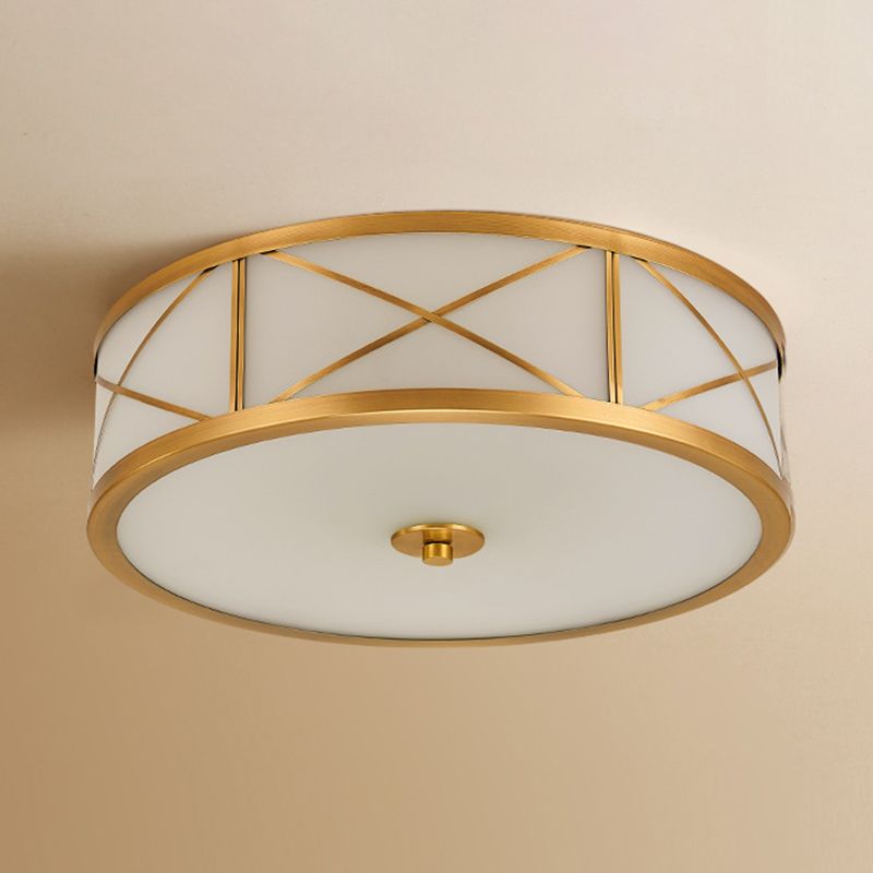 Frosted White Glass Flush Light Colonial Brass Drum Shaped Bedroom Ceiling Light