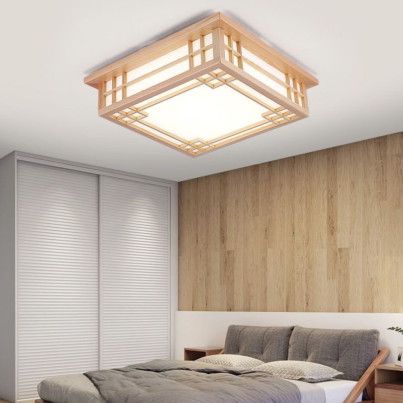 Modern Flush Mount Square LED Ceiling Light with Wood for Bedroom