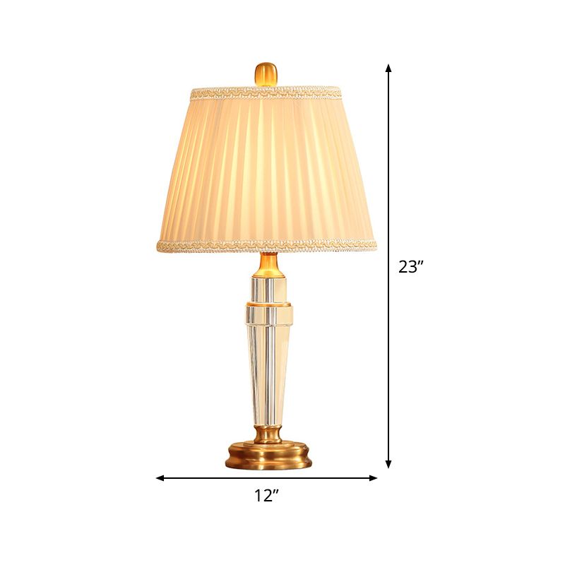 Conical Crystal Desk Light Modern Fabric 1 Bulb Beige Night Table Lamp with Metal Base