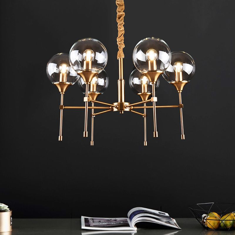 Brass Burst Style Suspension Lamp Retro 6 Heads Clear Glass Chandelier over Dining Table