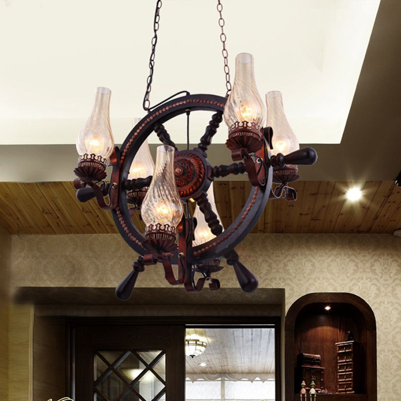 Clear Water Glass Brown Chandelier Lamp Vase 6 Lights Warehouse Hanging Light Fixture with Wood Rudder Design