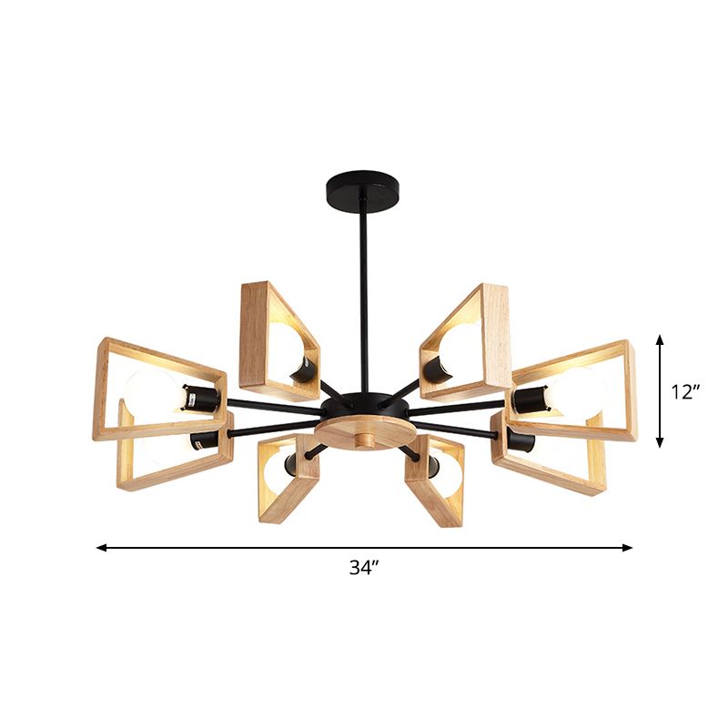 Chandelier de suspension à cadre trapézoïde en bois Moderniste de 8 têtes de lustre au plafond noir avec design radial