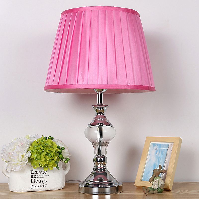 Single Bulb Fabric Night Lamp Rural Rose Red Barrel Shade Bedroom Nightstand Light with Crystal Accent