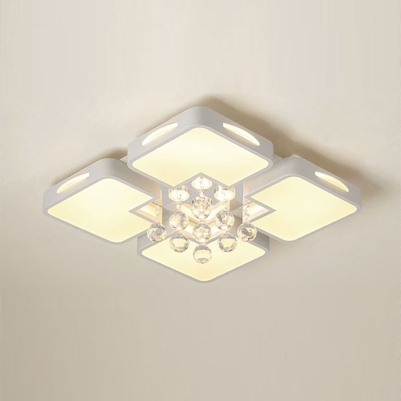 White Rectangular LED Flush Light Modern Acrylic Living Room Ceiling Fixture with Crystal Balls