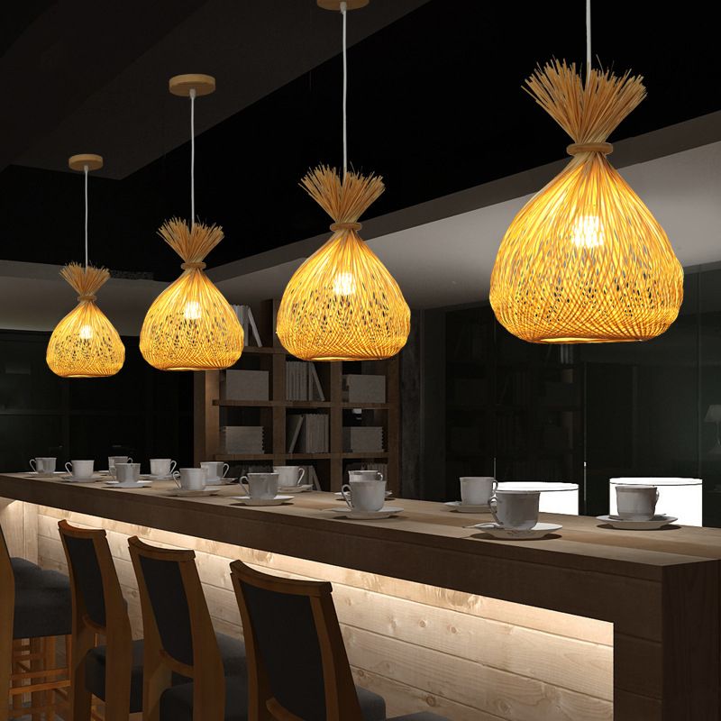 1 Bulb Restaurant Ceiling Light Asian Wood Pendant Light Fixture with Handwoven Bamboo Shade