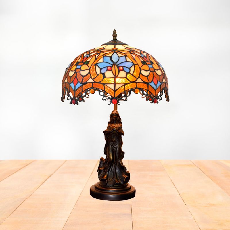 Scroll-Trim Scalloped Night Light Tiffany Stained Glass 1 Head Bronze Table Lighting with Parrot Pattern