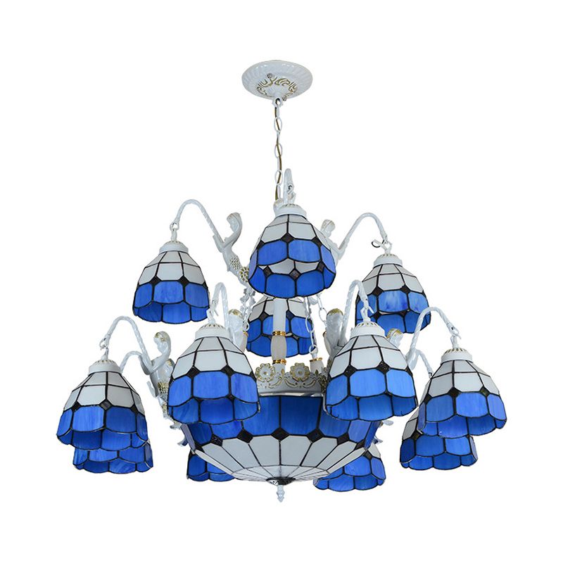 Grille bleu à motifs pendants légers Tiffany 15 lumières Lautres en lustre en vitrail avec décoration sirène