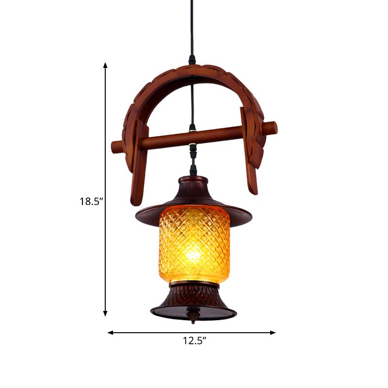 Factory Cylinder Hanging Lamp 1 Light Yellow Grid Glass Pendant Light Fixture in Copper with Wood Curved Frame