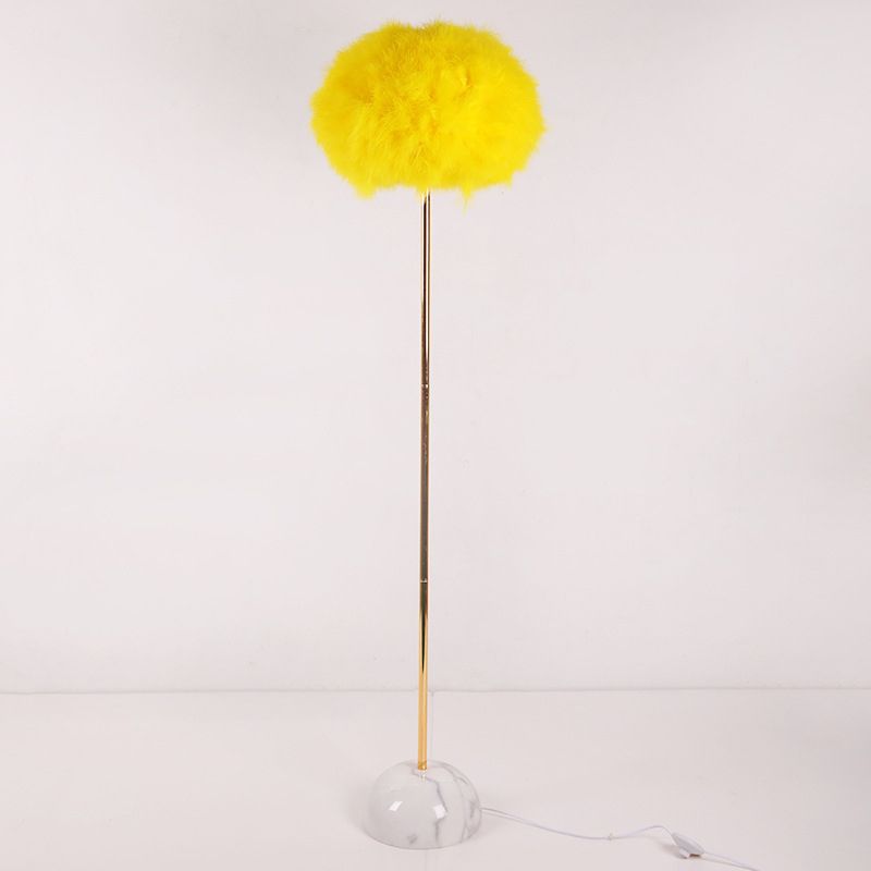 Hand-Woven Feather Sphere Floor Lamp Nordic 1 Head Yellow Floor Standing Light with Ceramic Base