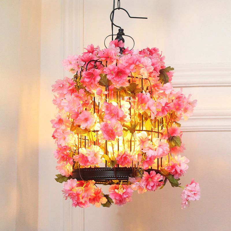 Birdcage Restaurant Chandelier Light Fixture Farm Iron 3 Heads Pink Flower Hanging Lamp Kit