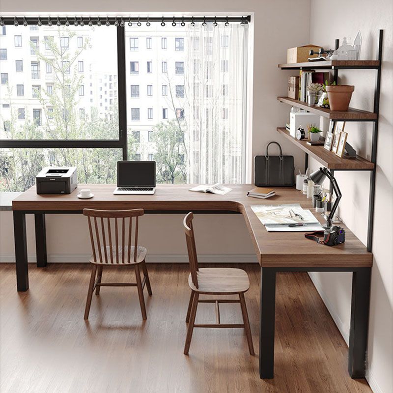 Modern L-Shape Office Desk Natural Solid Wood Writing Desk for Home