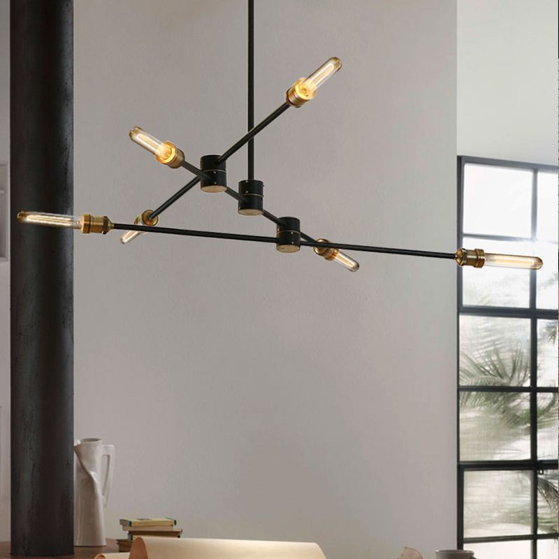 Industrial Style Linear Chandelier Light 6-Light Metallic Ceiling Light Fixture in Black for Living Room