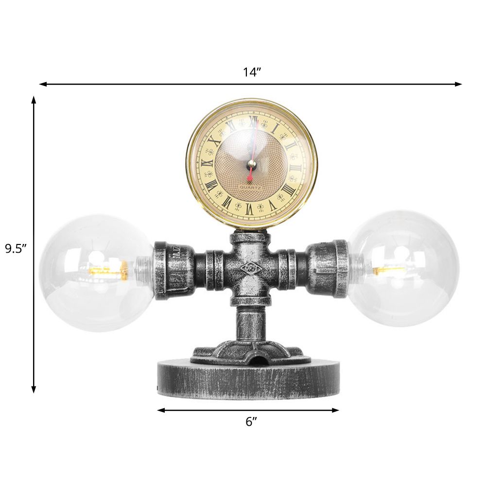 Industrial Round Shade Table Lamp 2 Lights Clear/Amber Glass Desk Light in Antique Silver with Base