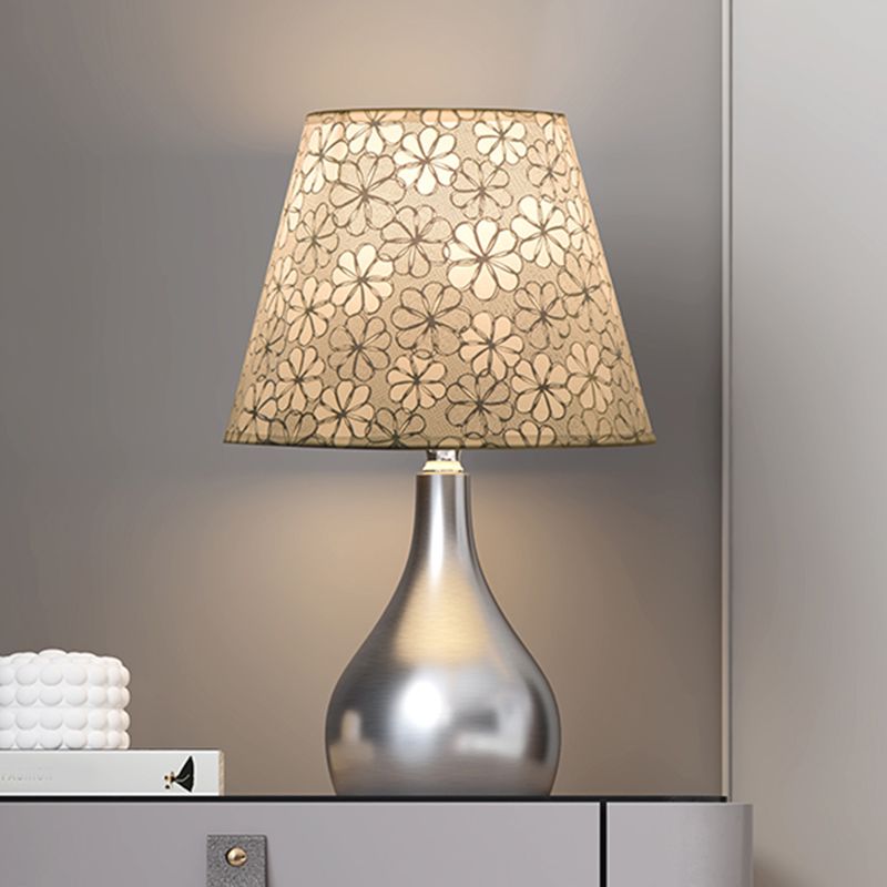 Conic Table Light Modern Fabric 1 Light Grey Floral Patterned Night Lamp with Gourd Silver Metal Base