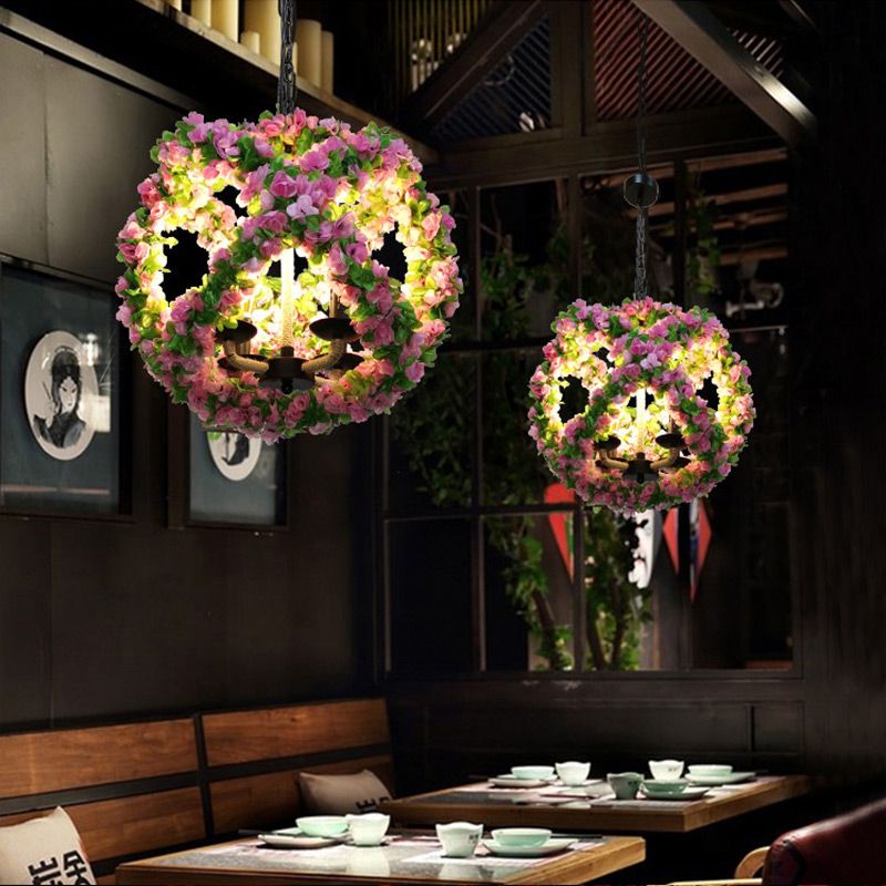 Industrial Global Chandelier Light Fixture 3 Lights Metal LED Flower Pendant Lamp in Pink for Restaurant