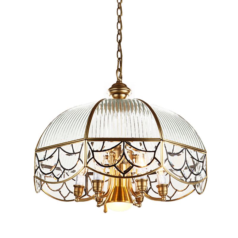 Prismatic Glass Gold Chandelier Lamp Scalloped 7-Bulb Colonial Hanging Light with Pull Chain Switch