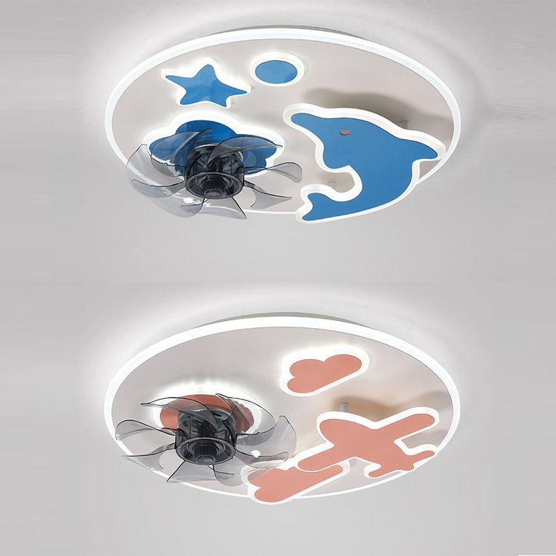 Round Kids Bedroom Ceiling Fan Lamp Metal Cartoon Style LED Semi Flush Light