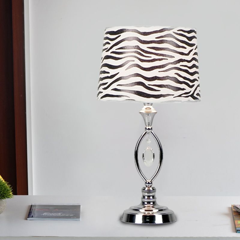 Fabric Barrel Shade Nightstand Lamp Modern Style 1 Head White/Red/Black and White Desk Light with Crystal Drop