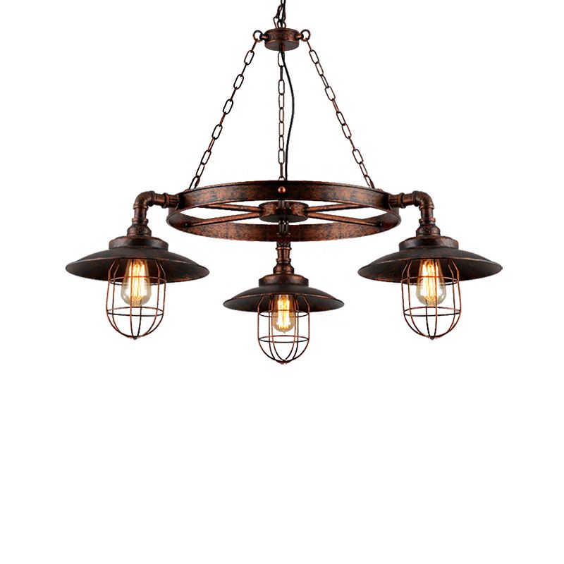 3-Light Metal Hanging Chandelier Industrial Weathered Copper Wagon Wheel Shade Kitchen Pendant Light with Cage