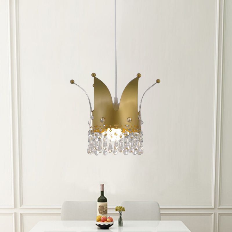 Modernist Crown Down Lighting Iron 1 Bulb Bedroom Hanging Lamp in Gold with Crystal Drop