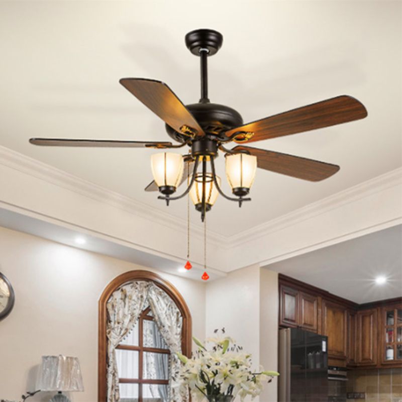 52" Wide 3-Light Ceiling Fan Lamp Vintage Cup Shape Seeded Glass 5 Bleads Semi Flush Mounted Light in Black