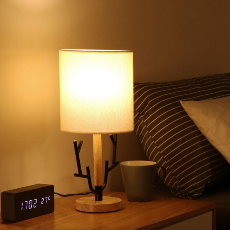 Black Branch Night Table Lamp Modern 1 Head Wood Reading Light for Bedroom with Cylinder Fabric