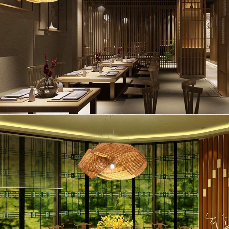 Swirl Pendant Lighting Fixture Asia Style Bamboo Restaurant Hanging Ceiling Light in Beige