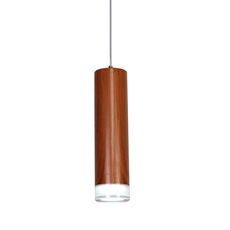 11"/19"/27" H Cylinder Hanging Light Kit with Wood Grain Shade Minimal Metal Single Head Brown Hallway LED Ceiling Pendant Light in Warm/White