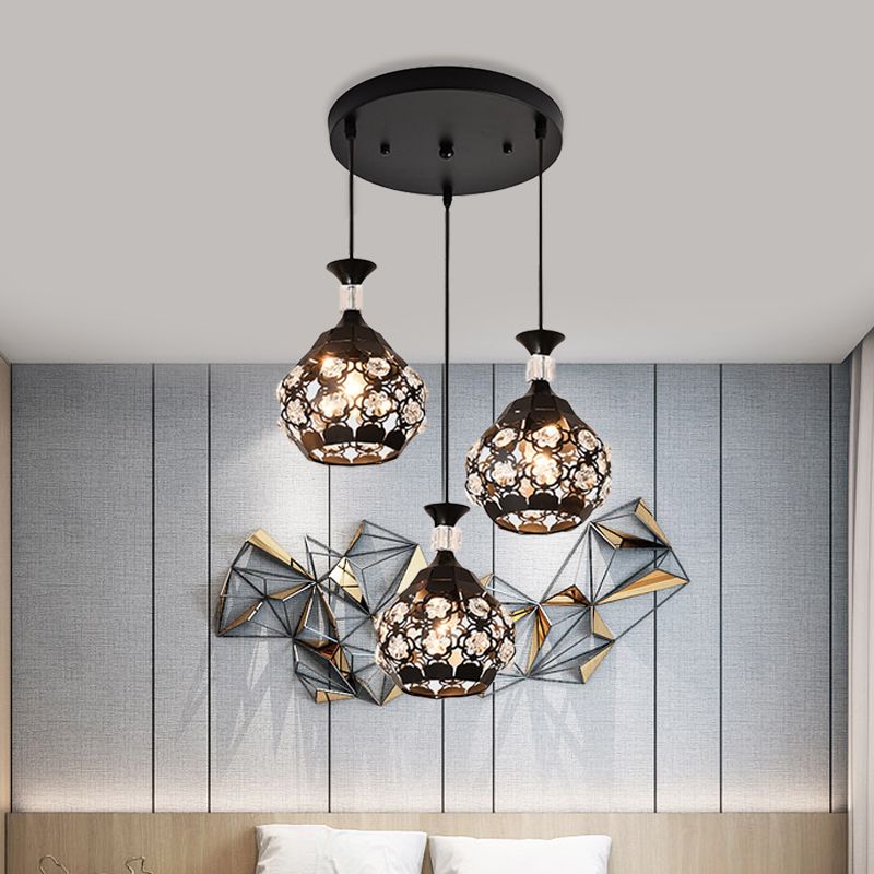 Black Hollow Out Floret Multi-Pendant Modernisme 3 Lumières Crystal Embedded Suspension Lampe