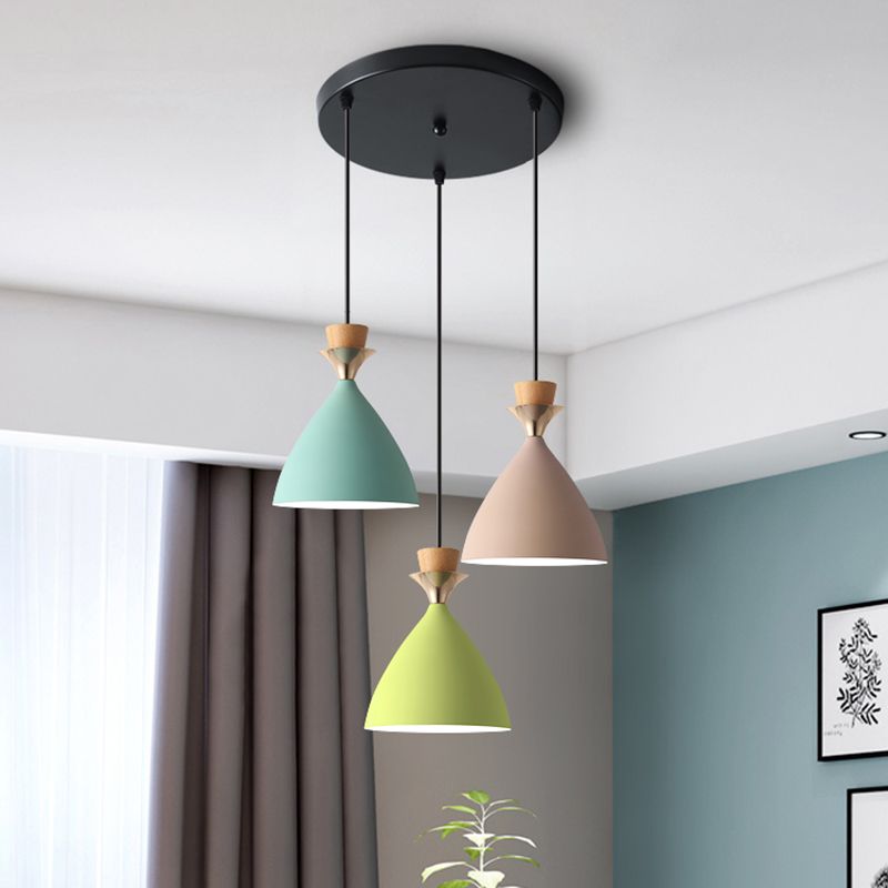 Macaroon 3-Light Cluster Pendant Green-Pink-Yellow Cone Metal Shade Hanging Light with 59" Adjustable Hanging Wire