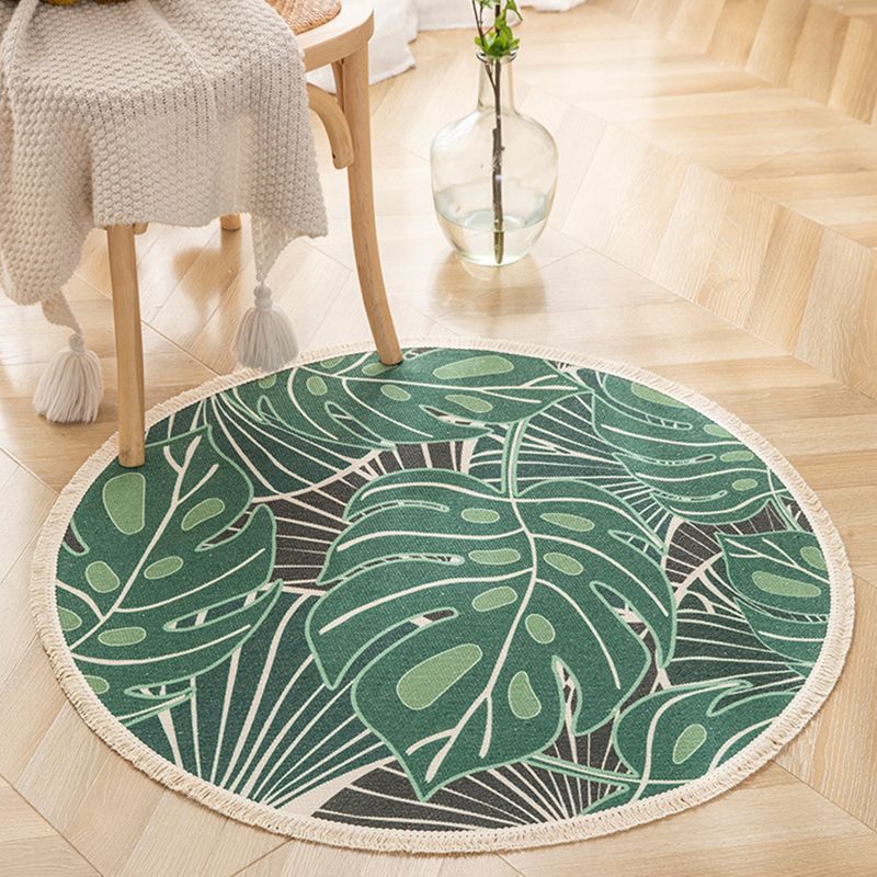 Round Floral Print Carpet Moroccan Cotton Blend Rug Fringe Indoor Carpet for Living Room