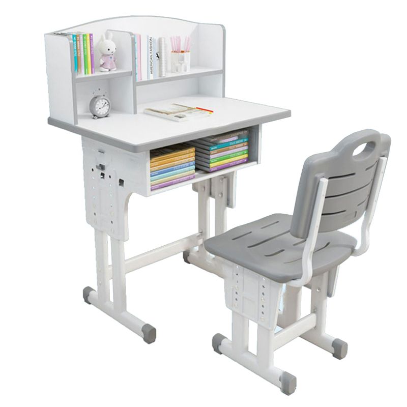 Adjustable Kids Desk Solid Wood Desk and Chair Set with Bookshelf