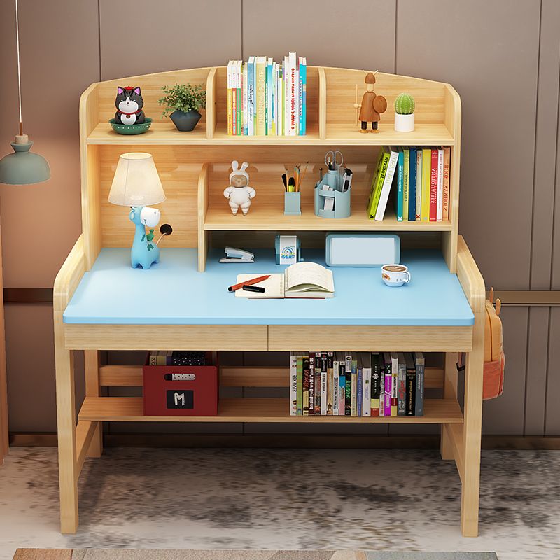 Solid Wood Writing Desk Table and Chairs Set Adjustable Kid's Desk with Storage Shelves