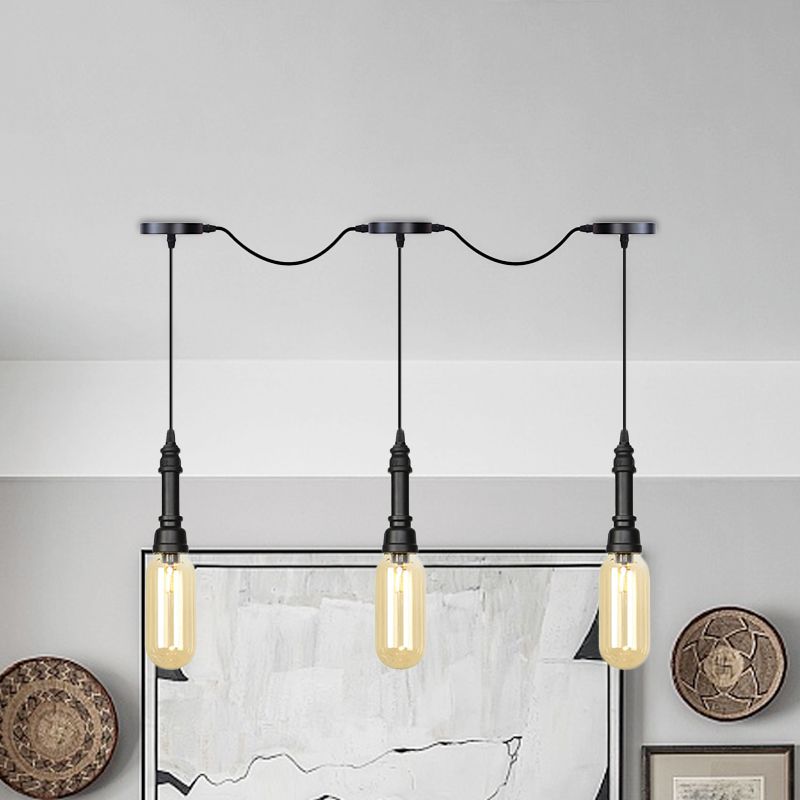 3/5/7 Lights Capsule Multi Light Chandelier Industrial Black Finish Amber Glass Tandem LED Hanging Ceiling Lamp