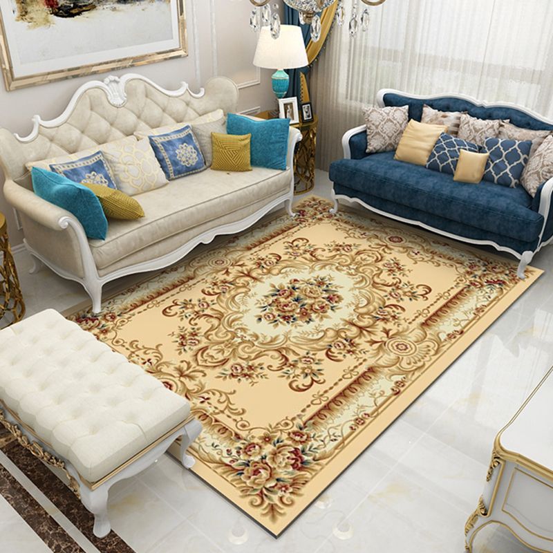 Apricot Tone Classic Indoor Rug Polyester Flower Print Carpet Easy Care Rug for Home Decoration