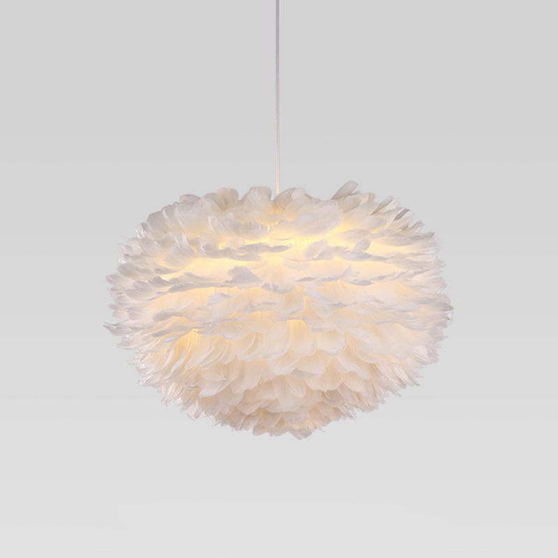 White Globe Shaped Hanging Chandelier Nordic Style Feather Suspended Lighting Fixture