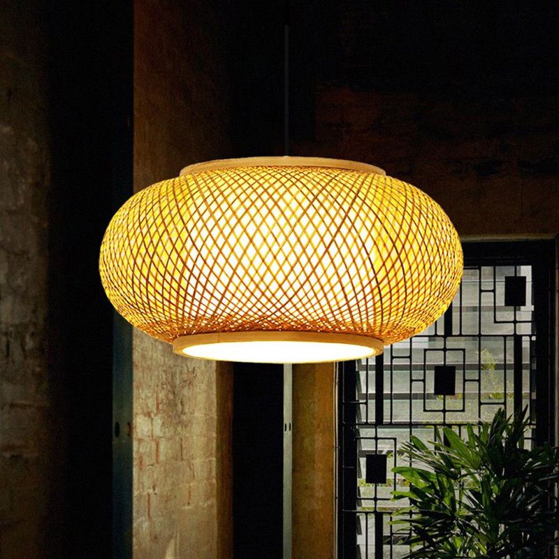 Asian Style Bamboo Woven Chandelier Lantern Shape 1 Light Dining Room Pendant Light