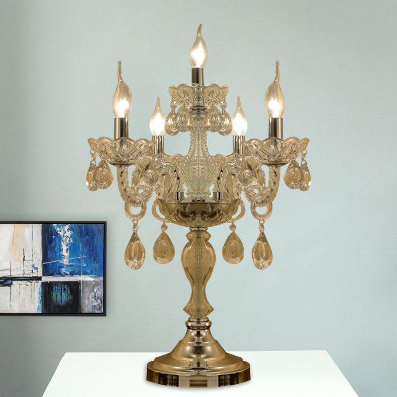 Candelabra Bedroom Table Light Traditional Clear Crystal 5/6/7 Heads Chrome Night Stand Lamp