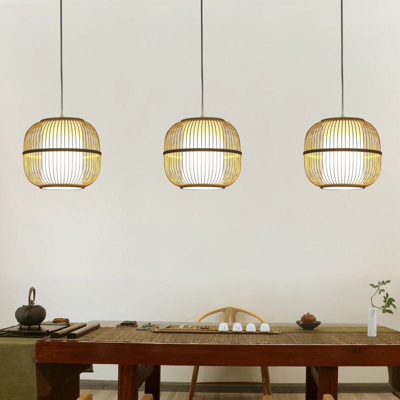 Beige Oblong Ceiling Fixture Contemporary Style 1-Light Bamboo Pendant Lamp with Inner Cylindrical Shade