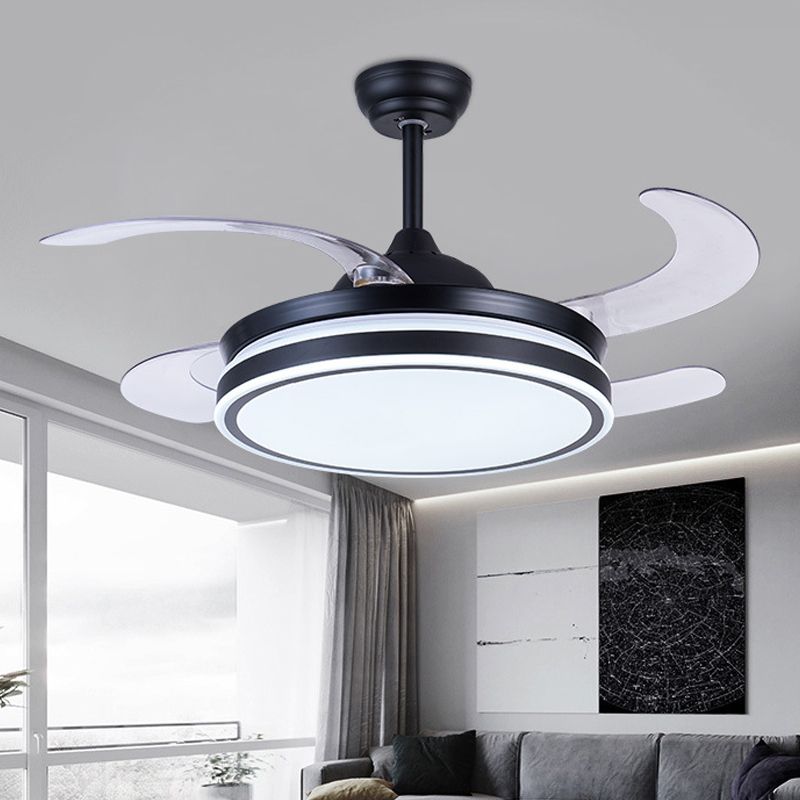 36" W LED Pendant Fan Lighting Modern Circle Metal 4 Blades Semi Flush Ceiling Light Fixture in Black, Remote/Wall Control/Remote and Wall Control