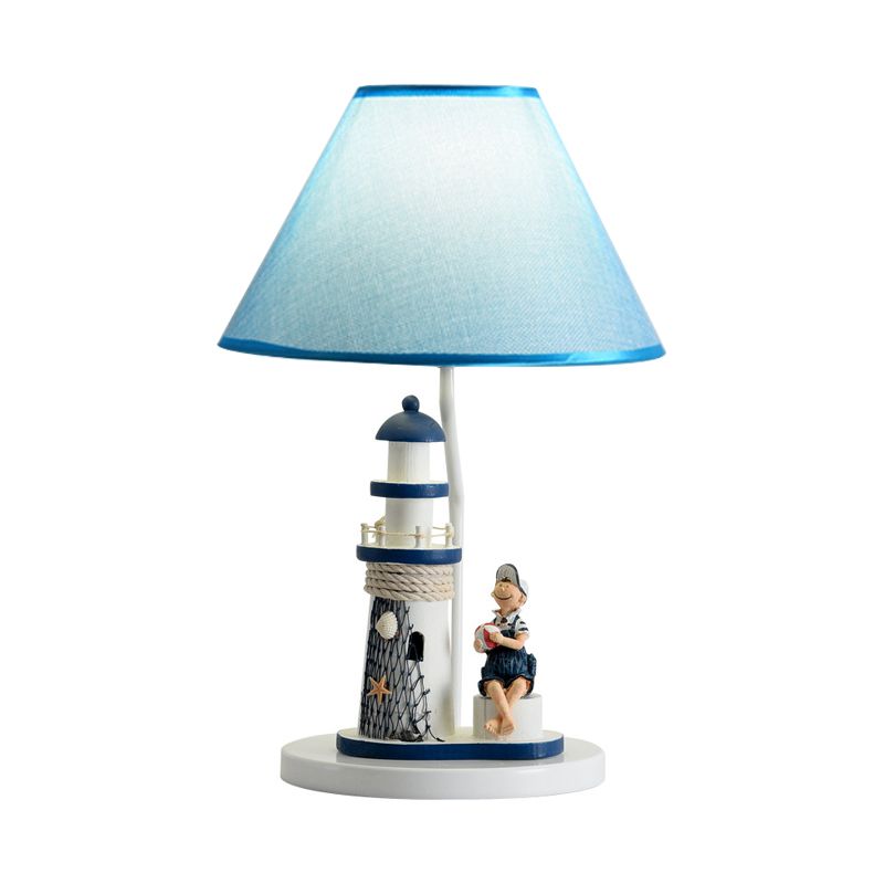 Boy/Girl and Lighthouse Table Light Cartoon Resin 1 Light White/Blue Night Stand Lamp with Tapered Shade